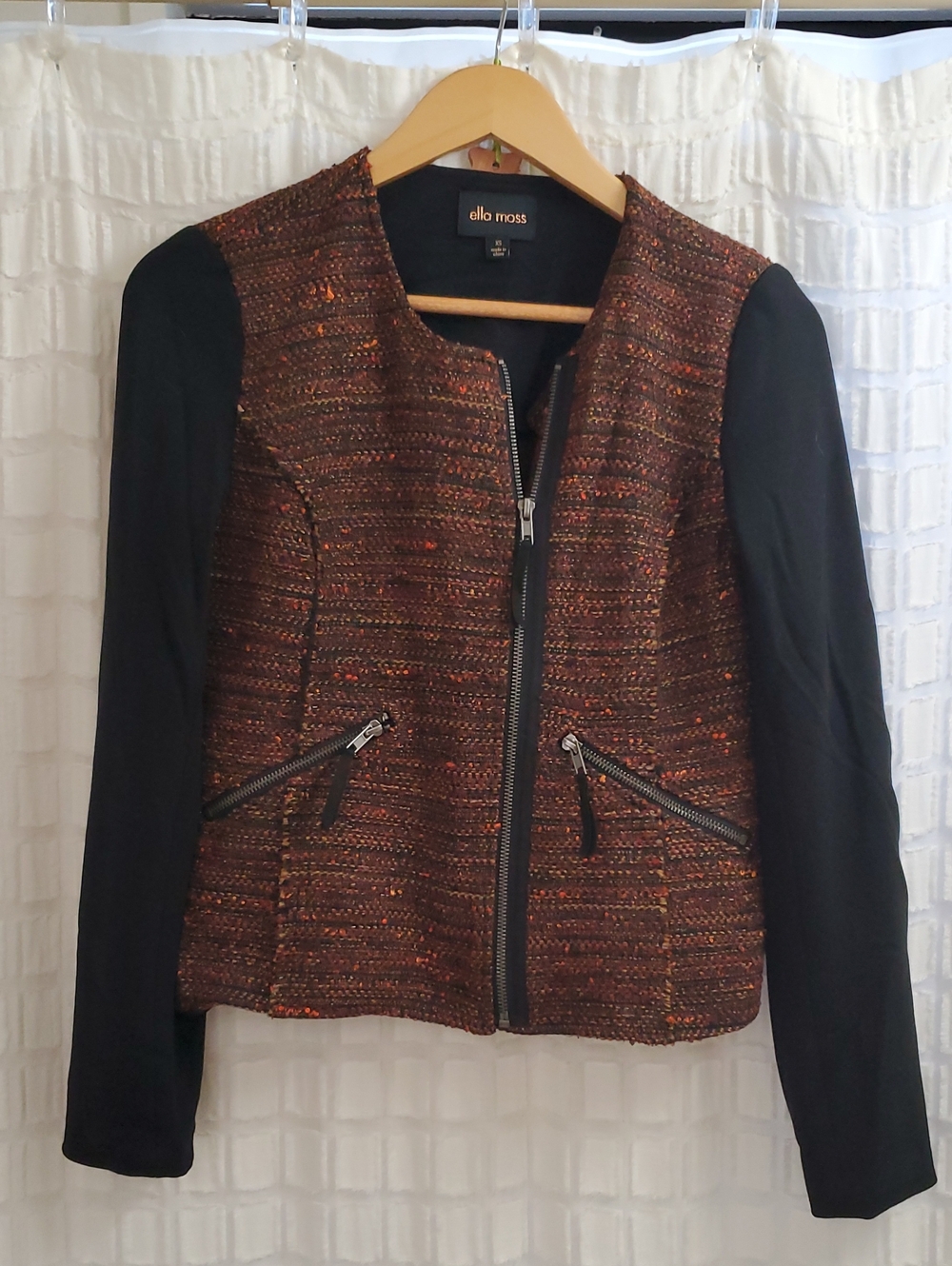 Ella Moss Brown Tweed Front Zip Jacket with Black Sleeves